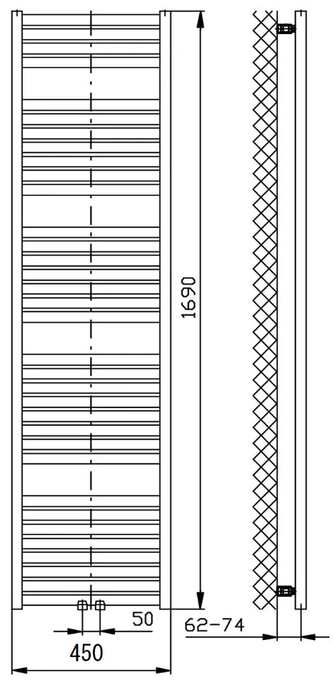 Aqualine Aqualine, TONDI vykurovacie teleso 450x1690 mm, stredové pripojenie, čierna mat, DT446T