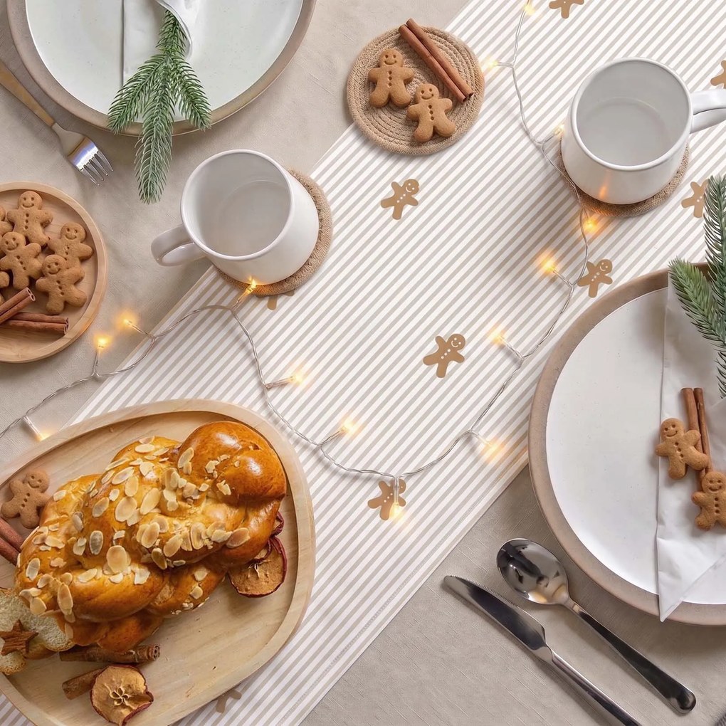 Goldea vianočný behúň na stôl 100% bavlnené plátno - perníčky s prúžkami 50x140 cm