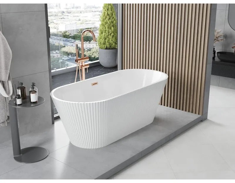 Mexen Yara, voľne stojaca ryhovaná vaňa 170 x 75 cm, biela lesklá, ružové zlato prepad, 52861707500-60