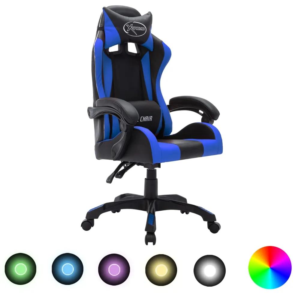 Herná stolička s RGB LED svetlami modro-čierna umelá koža