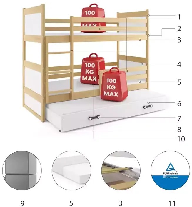 3-lôžková poschodová posteľ RICO so zásuvkou, prírodná/biela