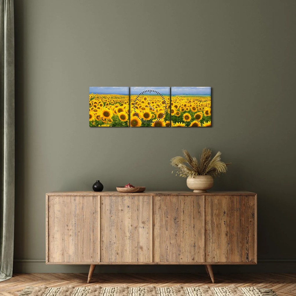 Obraz slnečnicového poľa (s hodinami) (90x30 cm)