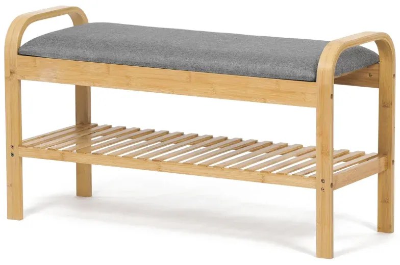 Botník / taburet, police, masiv bambus, přírodní odstín, šedá látka