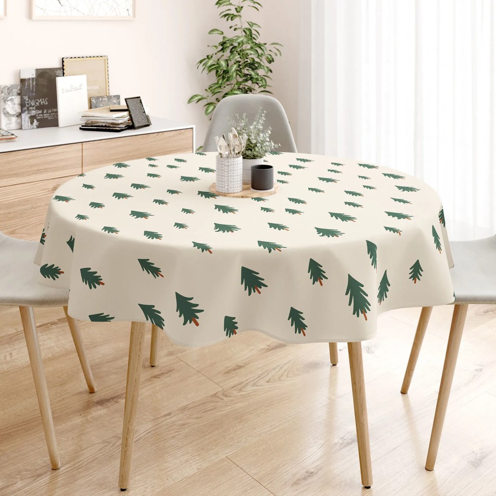 Goldea vianočný okrúhly obrus z pevnej bavlny - stromčeky na režnom Ø 120 cm