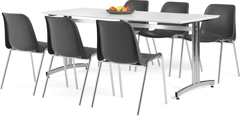 Jedálenská zostava 1x stôl Š 1800 x H 700, biela / chróm, 6x stolička čiern