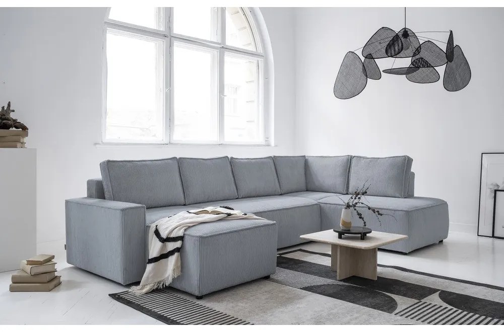 Svetlosivá menčestrová rozkladacia rohová pohovka (pravý roh/do tvaru "U") Brave Dave – Miuform