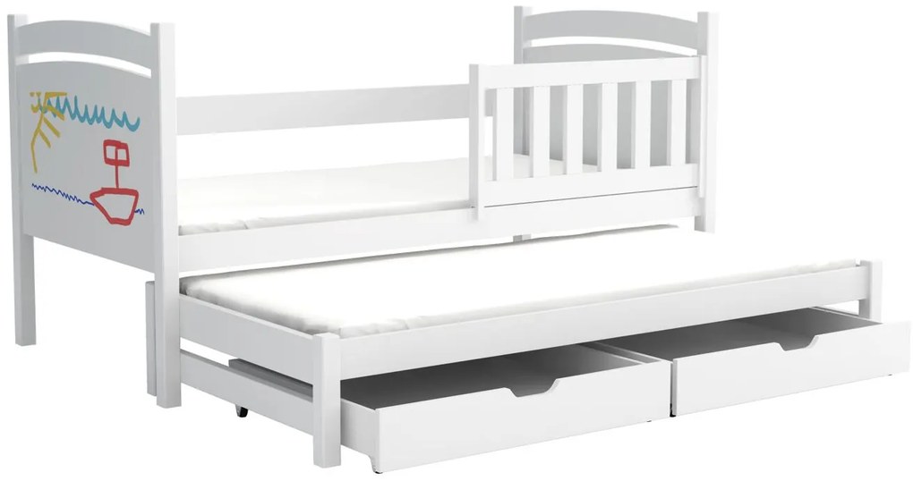 Detská posteľ z masívu borovice SABINA s prístelkou a šuplíky - 200x90 cm - BIELA