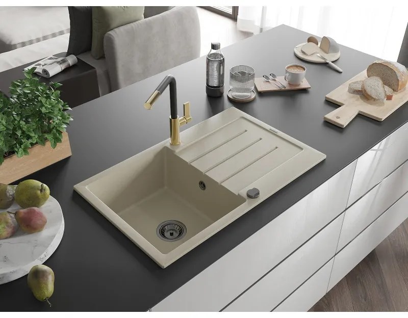 Mexen Bruno, 1-komorový granitový drez 795x495x200 mm a drezová batéria Flora, béžová, 6513-69-670401-57-B