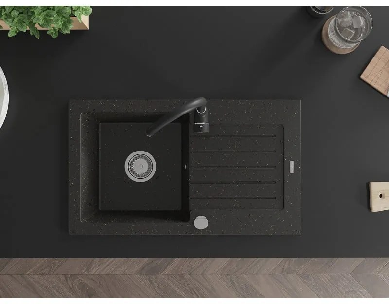 Mexen Pablo, 1-komorový granitový drez s odkvapkávačom 75x44 cm a kuchynskou batériou Telma, čierna-zlatá, 6510-75-670200-70