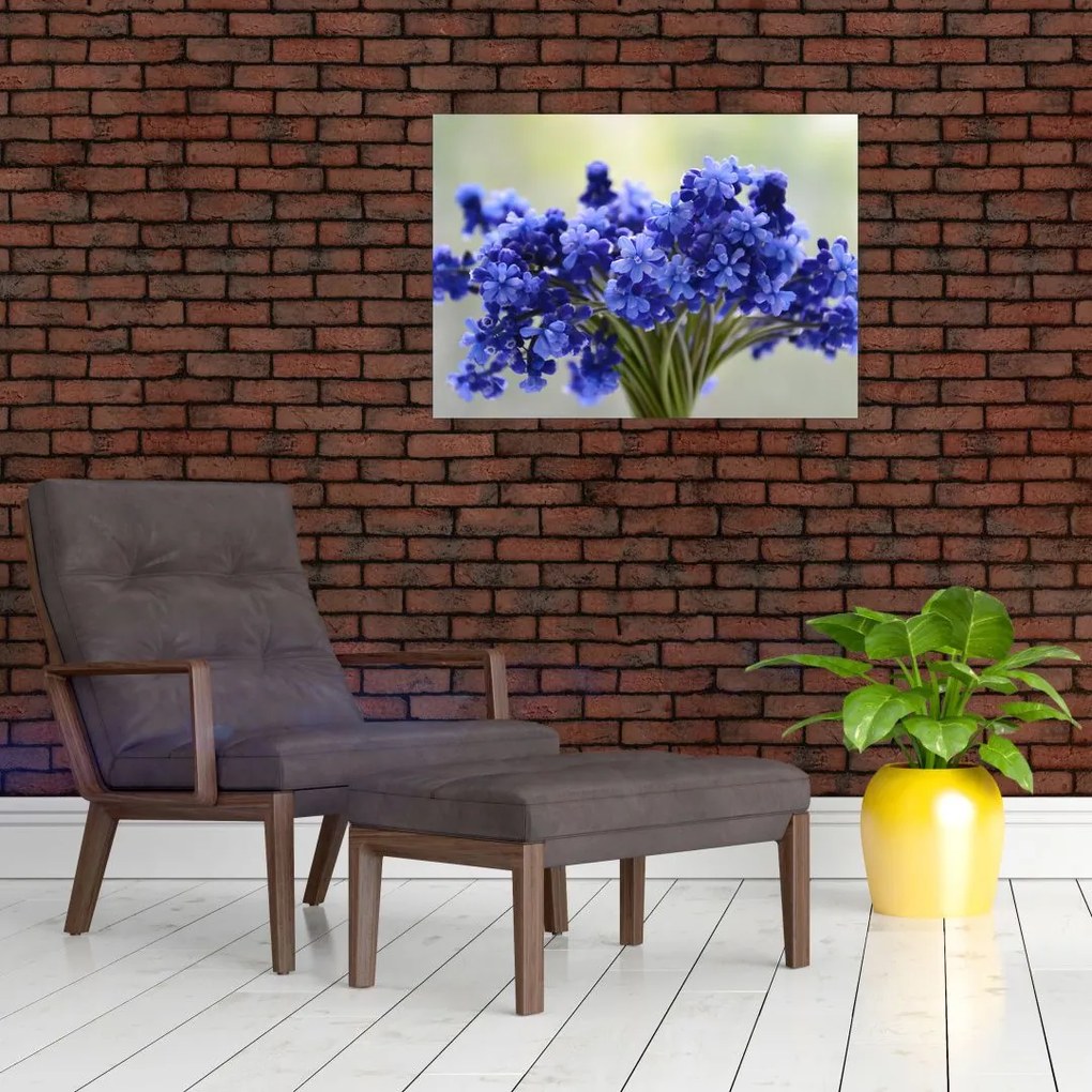 Sklenený obraz kytice modrých kvetov (70x50 cm)