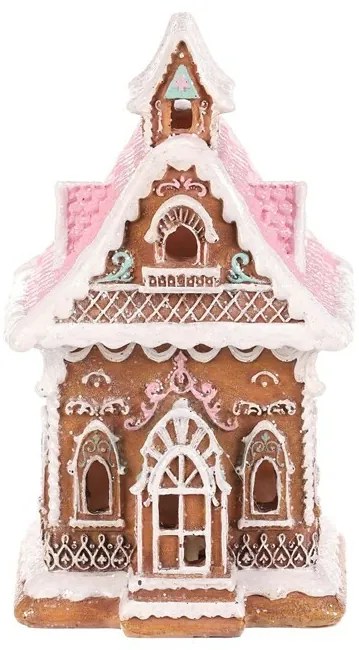 Vianočná dekorácia Perníková chalúpka s ružovou strechou, polyresin, LED, hnedá