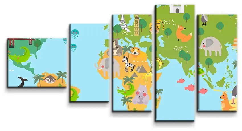 Sablio Obraz - 5-dílný Zvieracia mapa sveta - 100x60 cm
