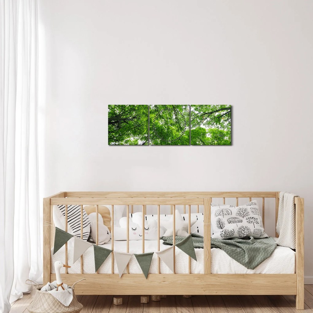 Obraz - Pohľad do korún stromov (s hodinami) (90x30 cm)