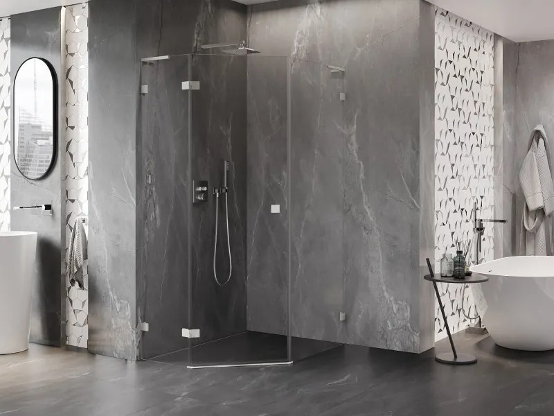 Mexen Lunar, L päťuholníkový sprchový kút naklápací doľava 80 x 100 cm, 8mm číre sklo, oceľový profil, 831L-080L-100P-97-00-L