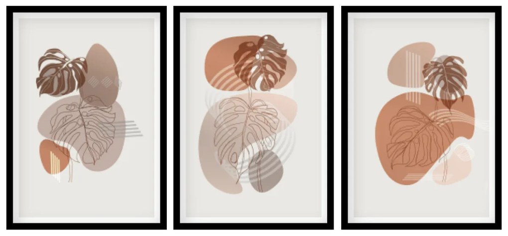 Gario Sada plagátov Jesenná monstera - 3 dielna Farba rámu: Zlatá, Veľkosť: 135 x 63 cm