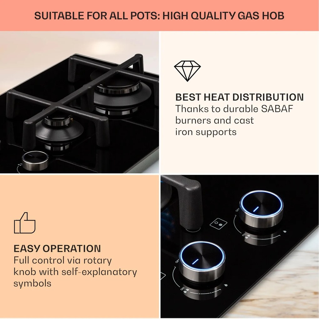 Klarstein Illuminosa Domino, plynová varná doska, 2 Sabaf horáky, sklokeramika