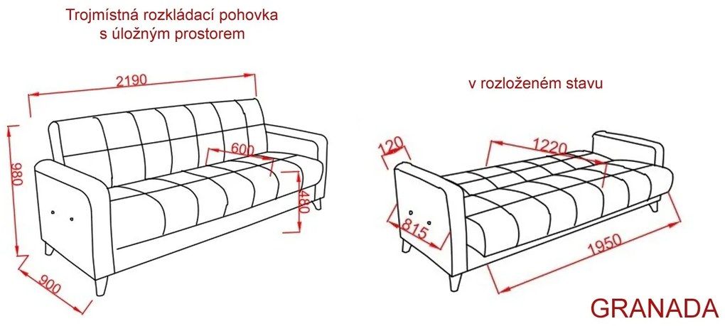 Trojmiestna rozkladacia pohovka s úložným priestorom Granada - šedá