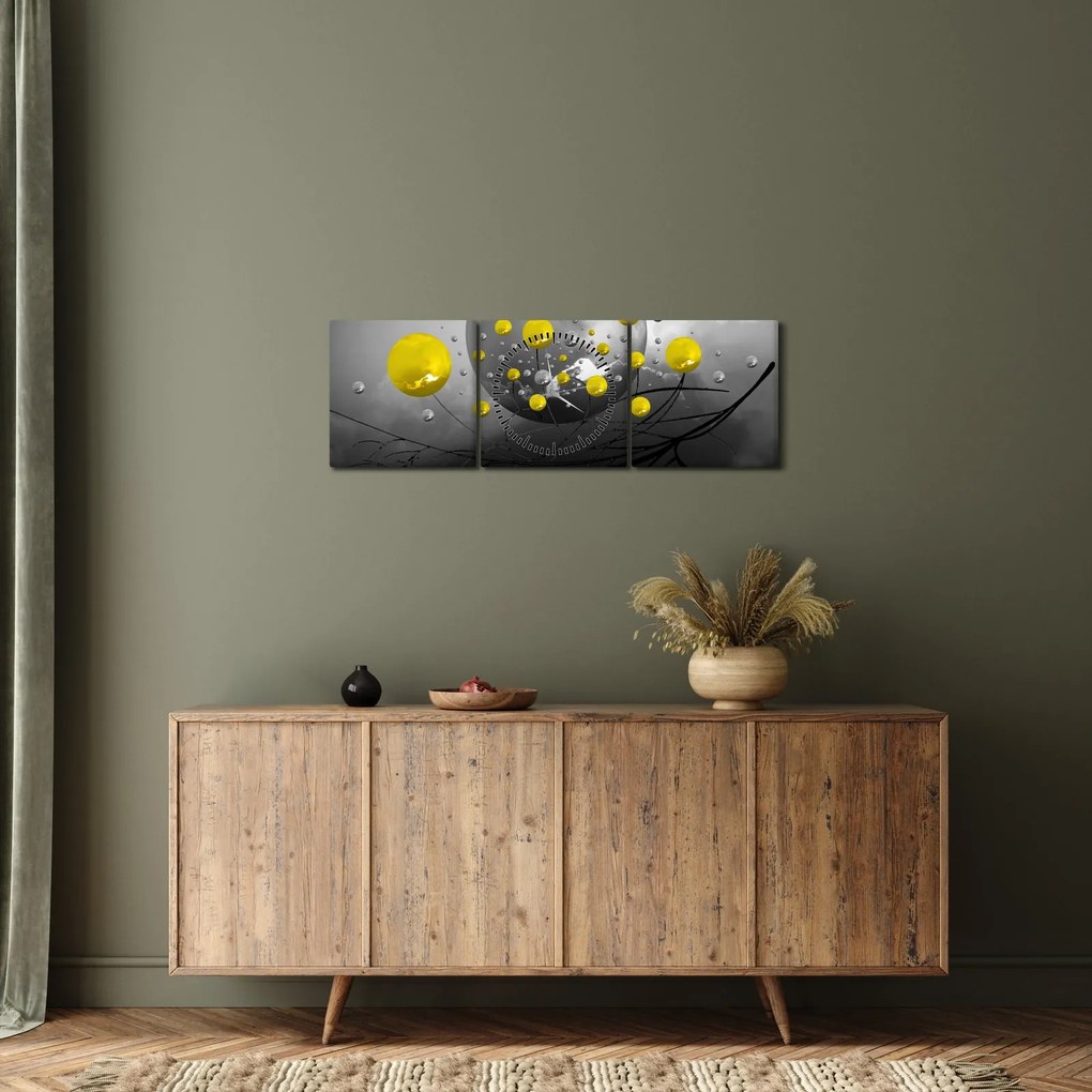 Obraz - žlté abstraktné gule (s hodinami) (90x30 cm)