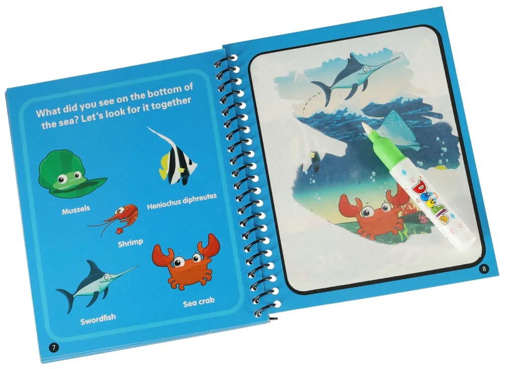 KIK Vodná omaľovánka s vodnou fixkou – Morské živočíchy, modrá, pre deti, bez škvŕn