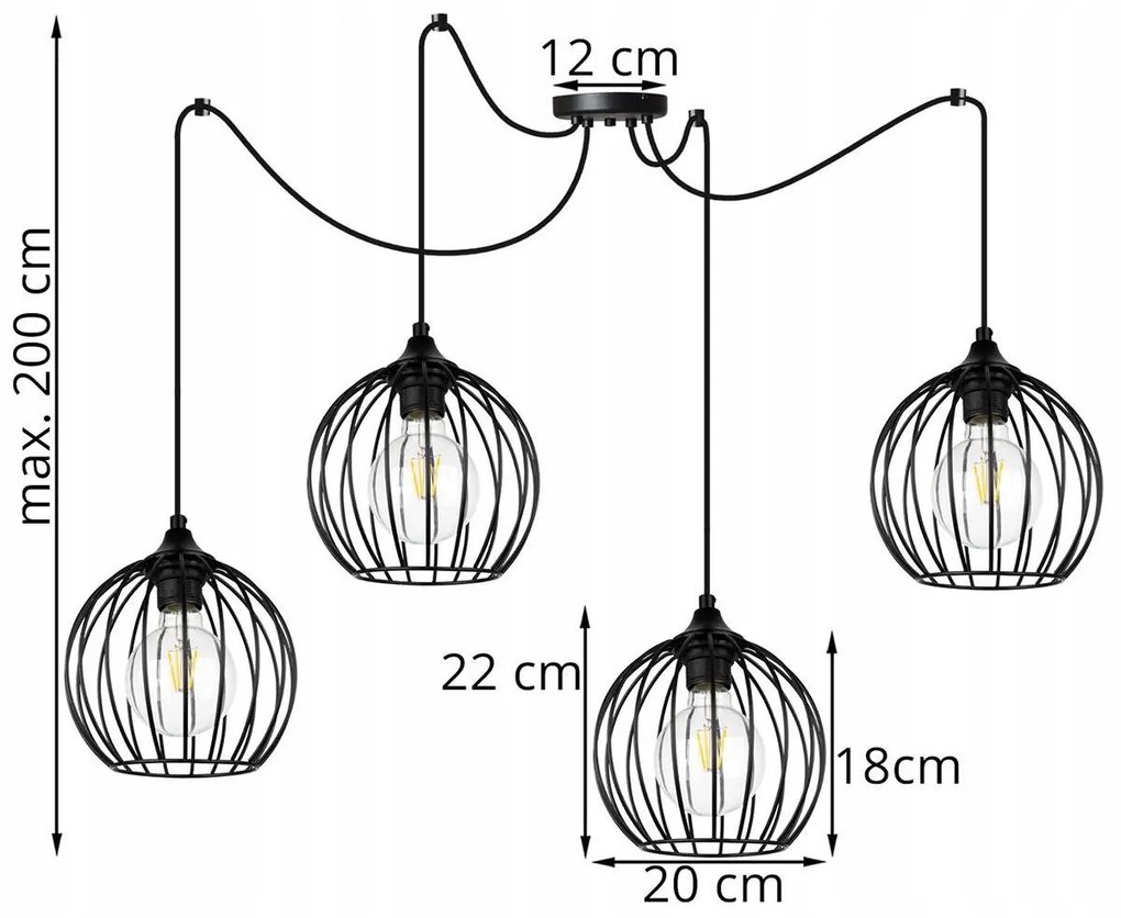 Závesné svietidlo TORONTO SPIDER, 4x čierne drôtené tienidlo