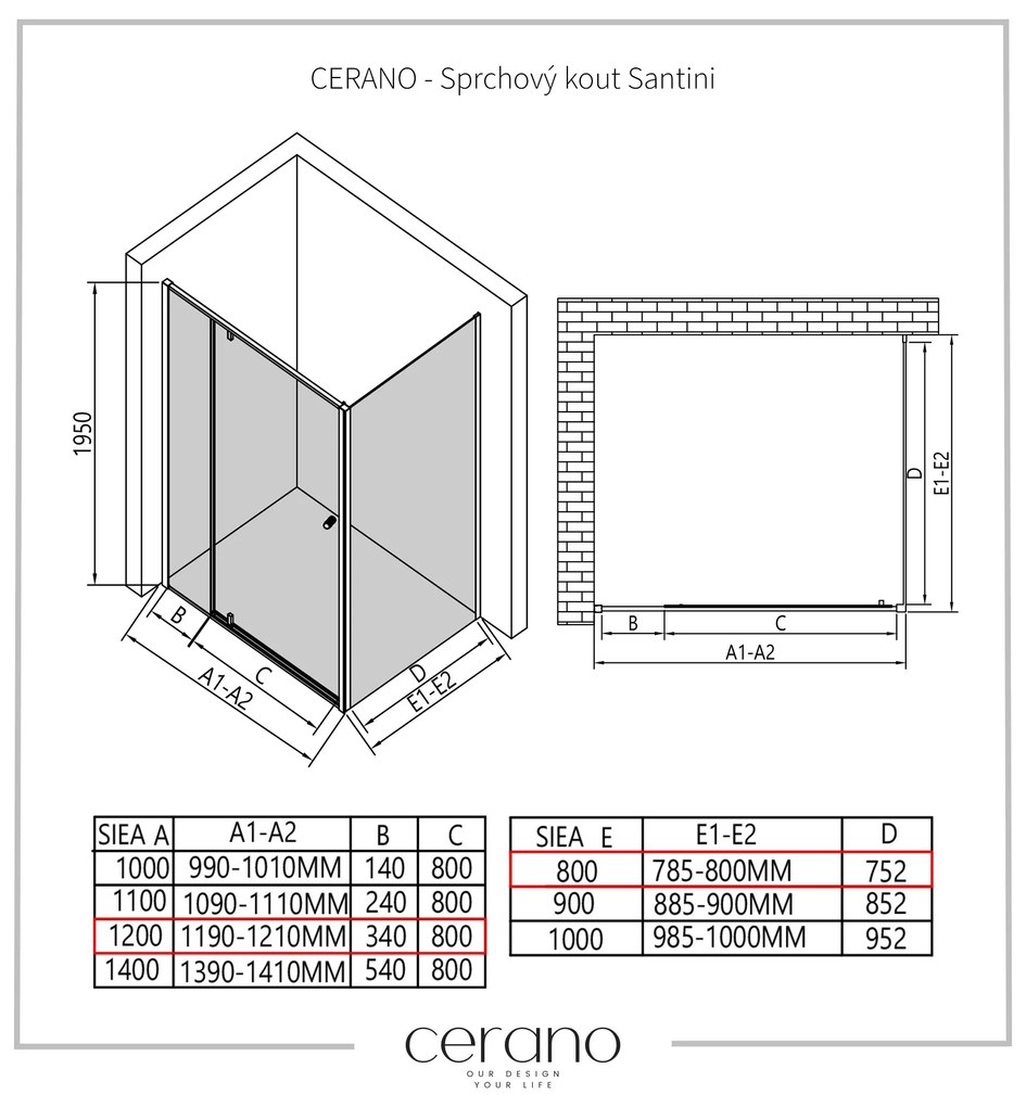 Cerano Santini, sprchovací kút 120(dvere) x 80(stena) x 195 cm, 6mm číre sklo, čierny profil, CER-CER-429001