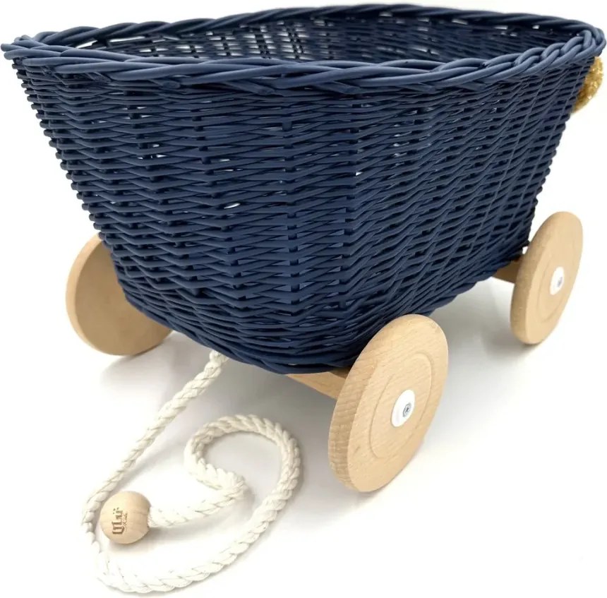 Prútený vozík na ťahanie za šnúrku - tmavo modrá