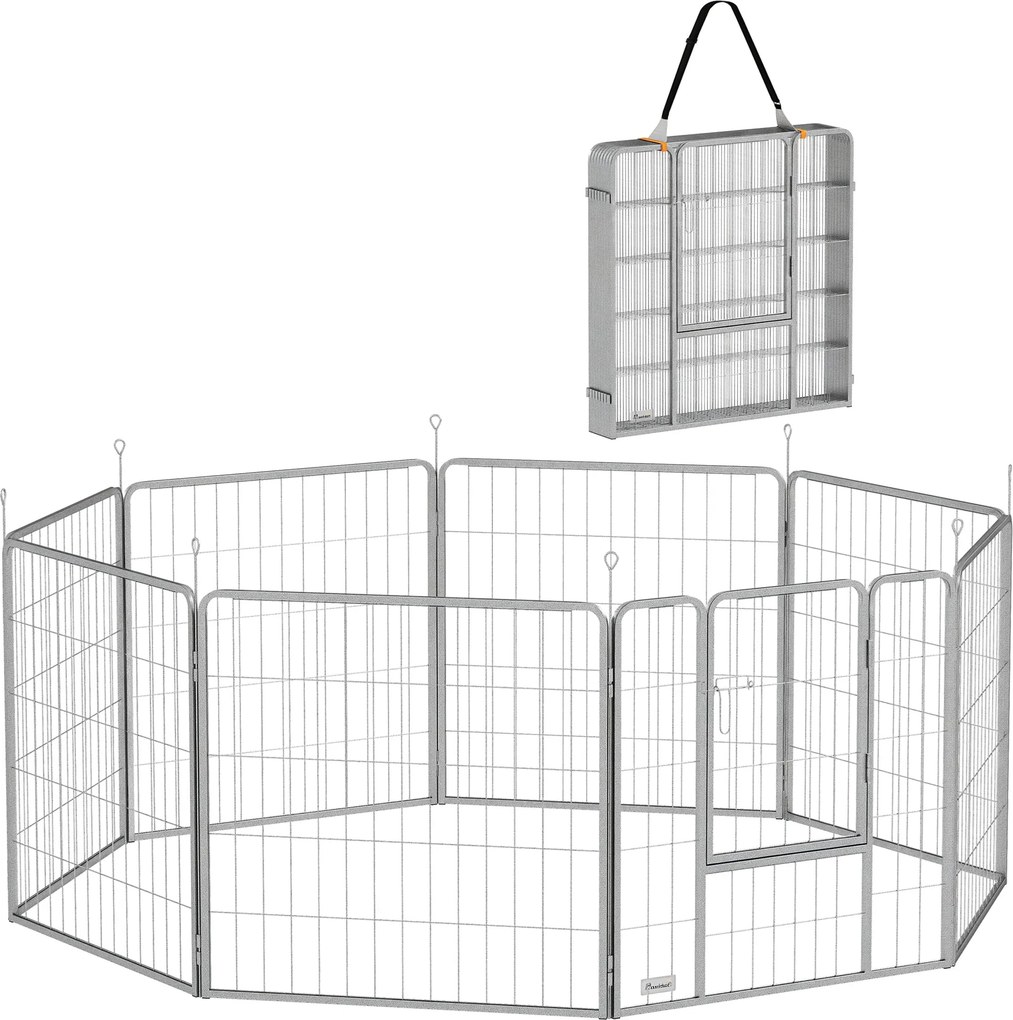 PawHut Playpen pre šteniatka - 8-dielna hračka pre šteniatka s 8 mriežkovými panelmi, dverami a kolíkmi na zem, flexibilný plachtový vonkajší playpen,