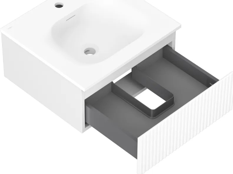 Mexen Rivel, kúpeľňová skrinka 50 cm s umývadlom Vela, 1 zásuvka, drážkovaná, biela matná, 91A20-05023-1-BF01-W23M01