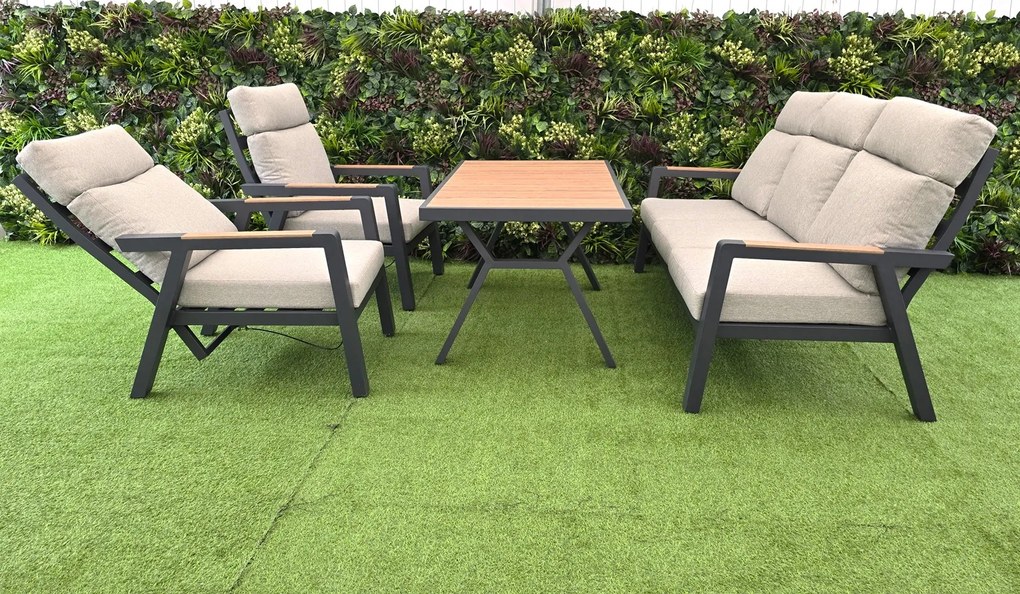 Hliníkový nábytok BURY 3 DREVODEKOR s polohovateľnými kreslami antracit + svetlé podušky