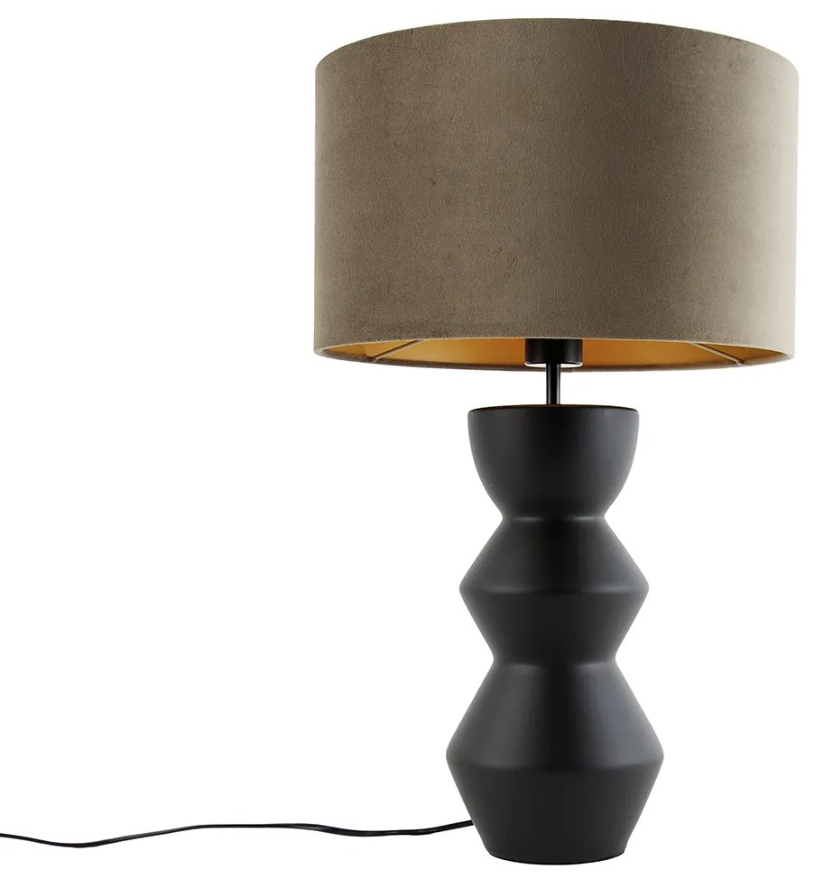 Dizajnová stolová lampa s čiernym zamatovým tienidlom taupe so zlatom 35 cm - Alisia