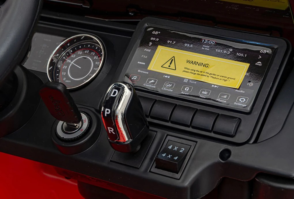 Ramiz Jeep Wrangler Rubicon na batérie pre deti červený + diaľkové ovládanie + rádio MP3 LED + kolesá EVA