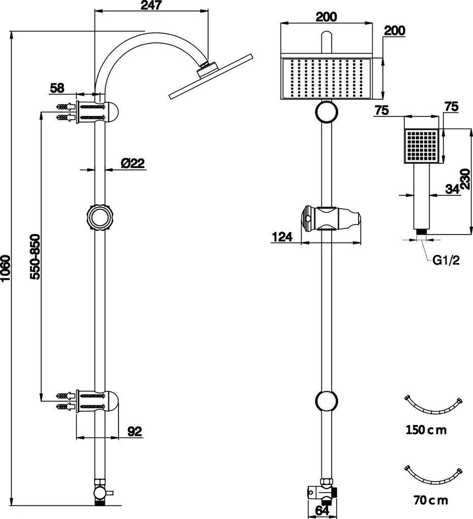 Novaservis Sprchové súpravy - Sprchová súprava, horná a ručná sprcha s držiakom a hadicou, výška 1060 mm, chróm, SET031,0