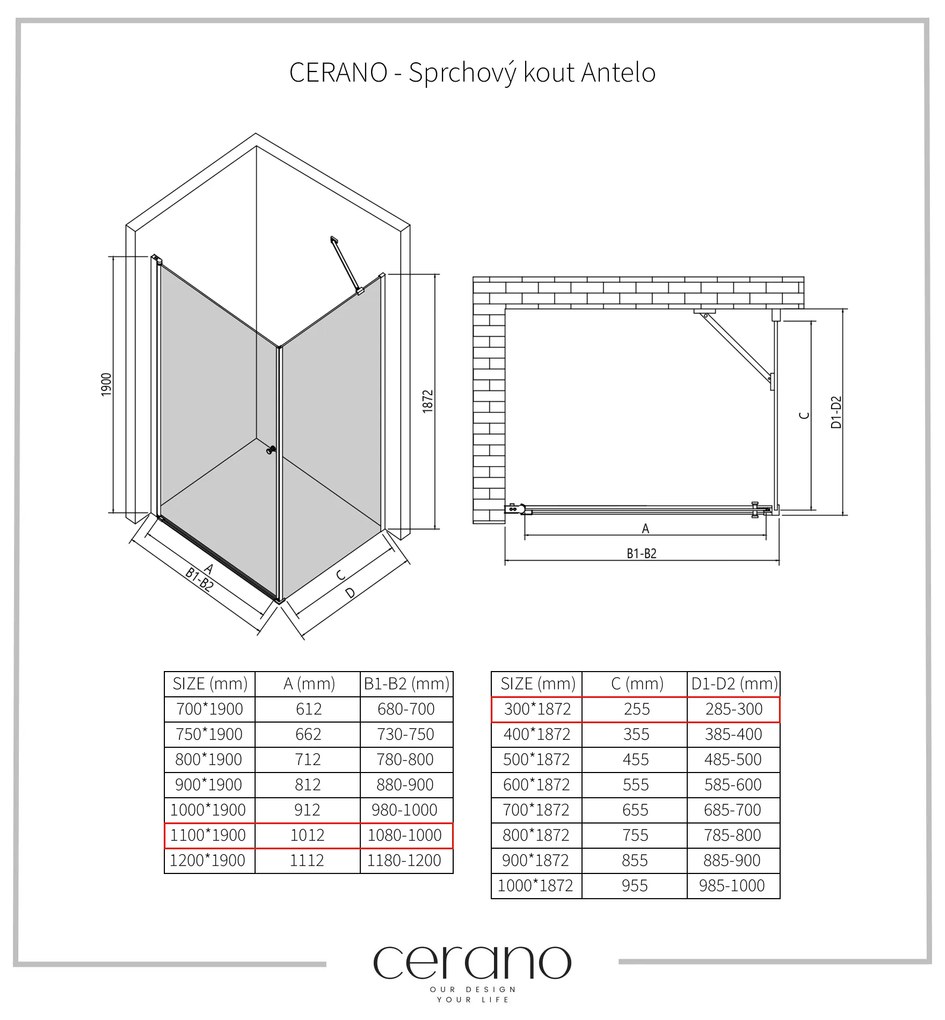 CERANO - Sprchovací kút Antelo L/P - chróm, transparentné sklo - 110x30 cm - krídlový, CER-CER-8050BD128