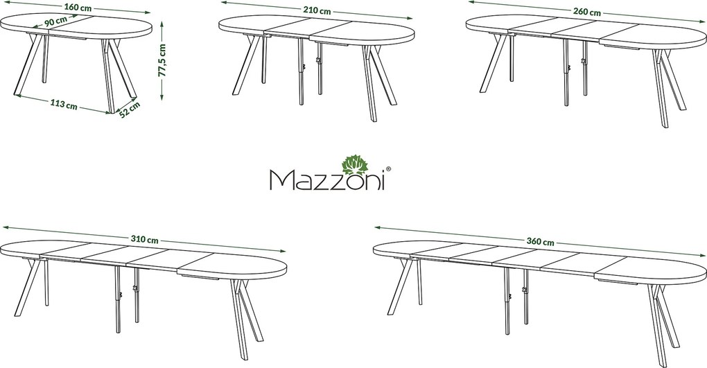Mazzoni EXPANSO Biely mat / čierne nohy - OVÁLNY ROZKLADACÍ STÔL 160-360 cm PRE 16-18 OSÔB