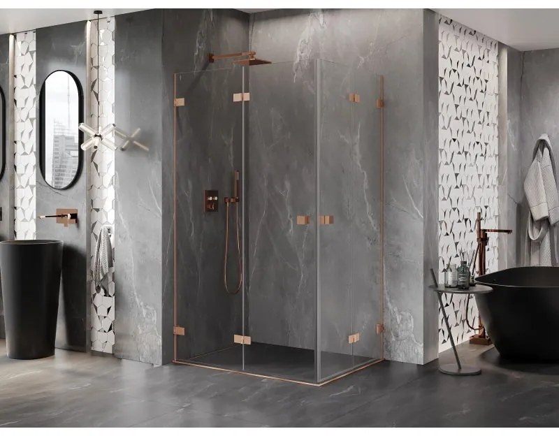Mexen Lunar-F Duo, skladací sprchový kút 95 x 75 cm, 6mm číre sklo, profil medená matná, 836-095L-075P-65-00