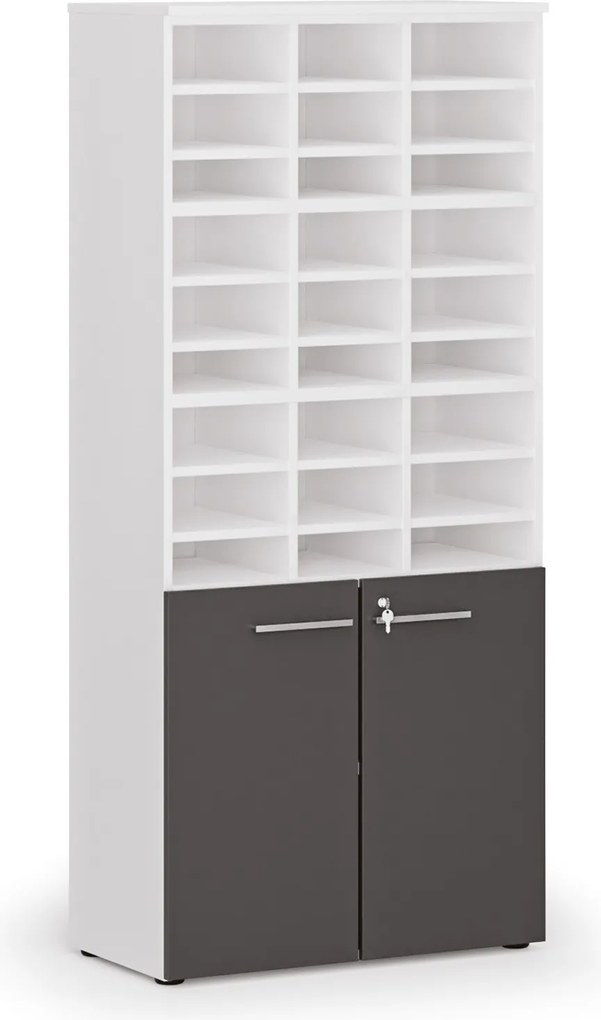 Triediaci regál s dverami PRIMO WHITE, 800 x 420 x 1781 mm, 27 priehradok, biela / grafitová