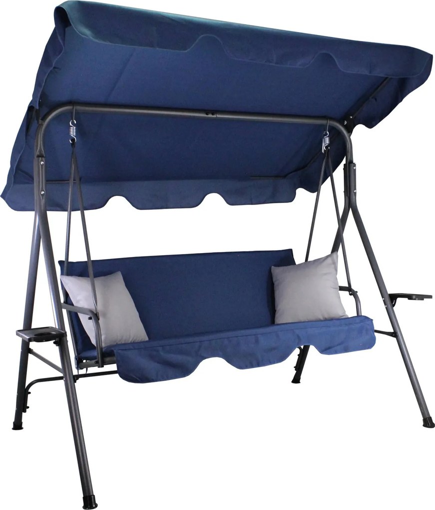 Garden Line ZÁHRADNÁ HOJDAČKA TYPU A 170 x 118 x 153 cm NÁMORNÍCKA MODRÁ S ŠEDÝMI VANKÚŠMI A DRŽIAKMI NA POHÁRE