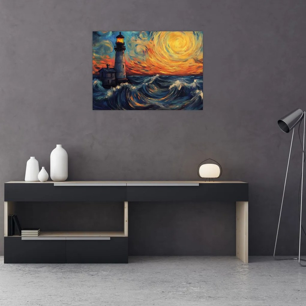 Sklenený obraz - Maják vo vlnách (70x50 cm)