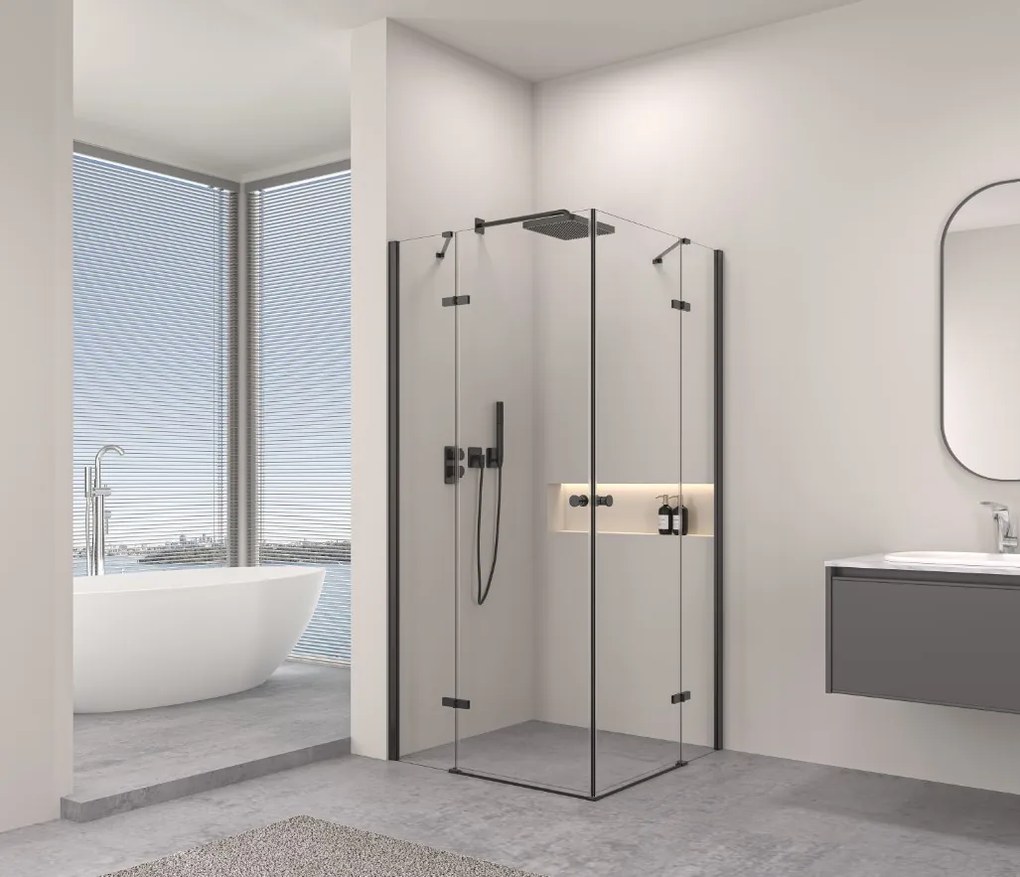 Erga Bern Double, sprchový kút s 2-krídlovými dverami 100(dvere) x 100(dvere) x 195 cm, 6mm číre sklo, čierny profil, ERG-V02-BERN-D100D100-CL-BK
