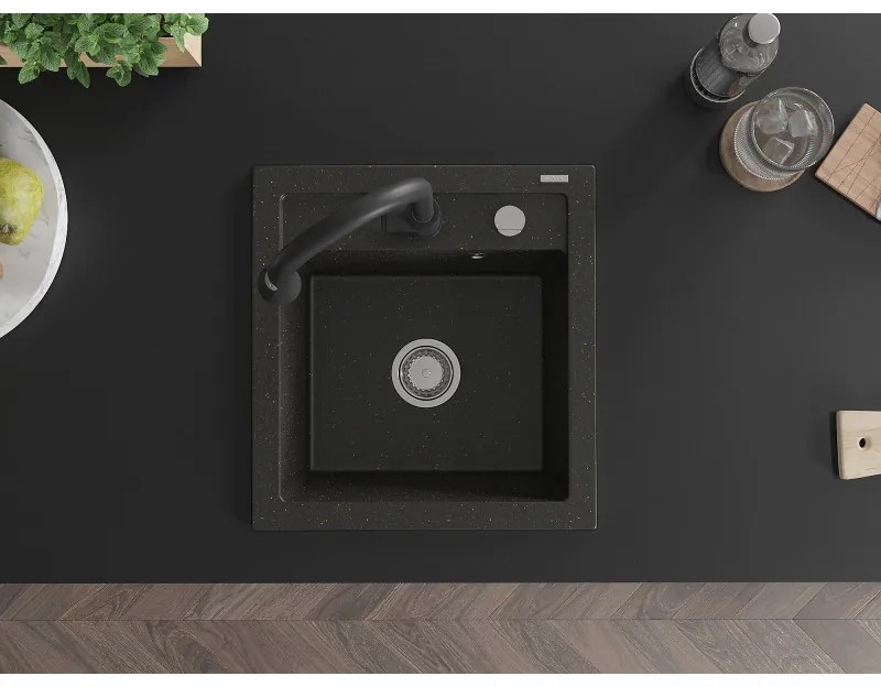 Mexen Vito, 1-komorový granitový drez 490x520x210 mm a drezová batéria Elia, čierna-zlatá metalíza, 6503-75-670101-70