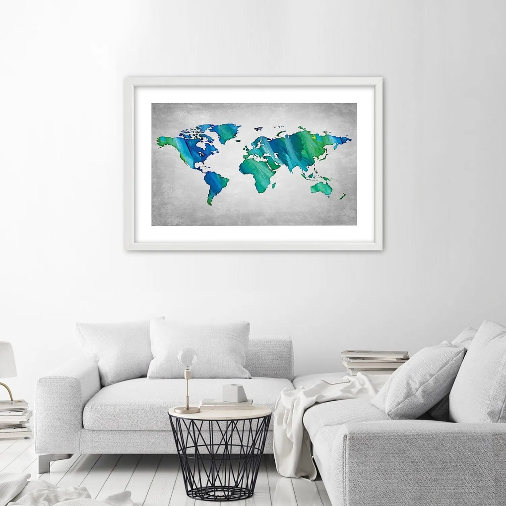 Gario Plagát Farebná mapa sveta na betóne Farba rámu: Bez rámu, Rozmery: 45 x 30 cm