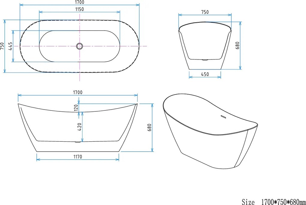 Erga Lina, voľne stojaca vaňa 170x75 cm + odtoková zátka, biela lesklá, ERG-LINA-170075-WH-WH
