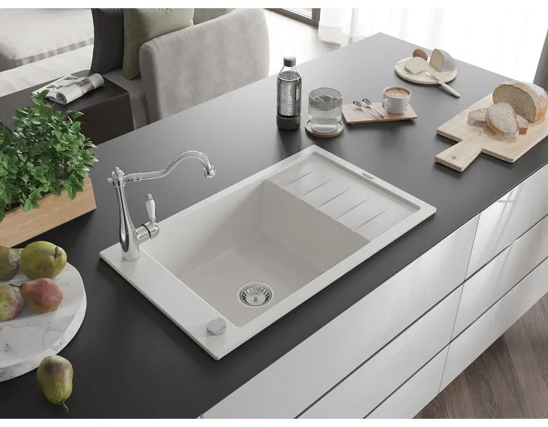 Mexen Elias, granitový drez 795x480x200 mm, 1-komorový a drezová batéria Carla, biela, 6511-20-670700-00