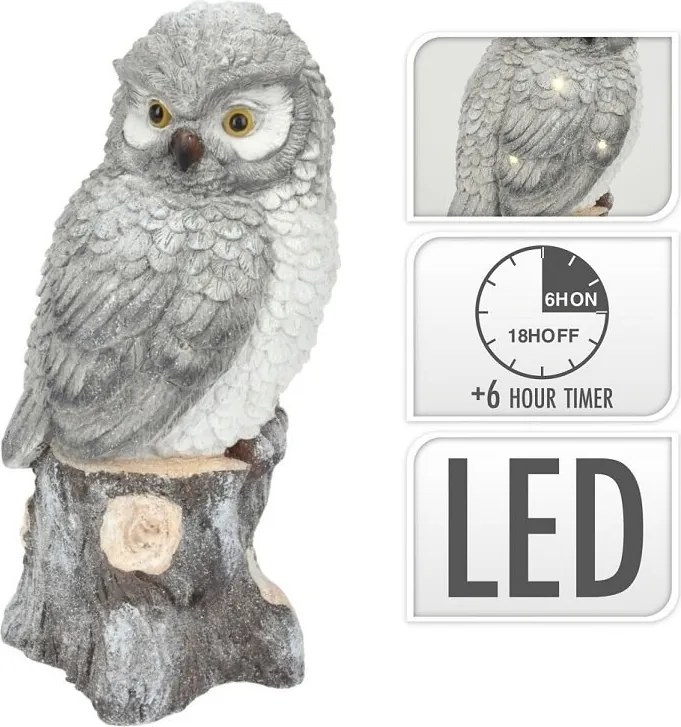 Sivá sova na pni s LED 25 × 53 cm