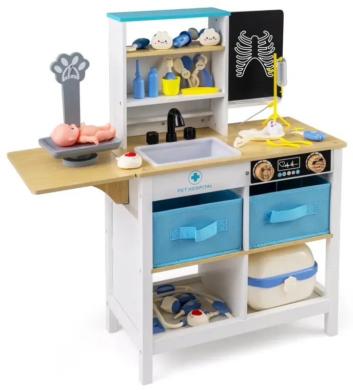 Herná súprava Lekárska ordinácia, Drevené lekárske centrum s tabuľou, Zvieracie váhy, Kohútik, Drez, Skladacie, Biele