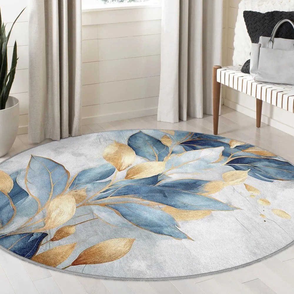 Prateľný okrúhly koberec v modrej a zlatej farbe ø 120 cm Golden Leaves – Mila Home