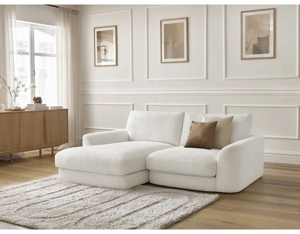 Biela rohová pohovka z textílie buklé (ľavý roh/s leňoškou) Leonore – Bobochic Paris