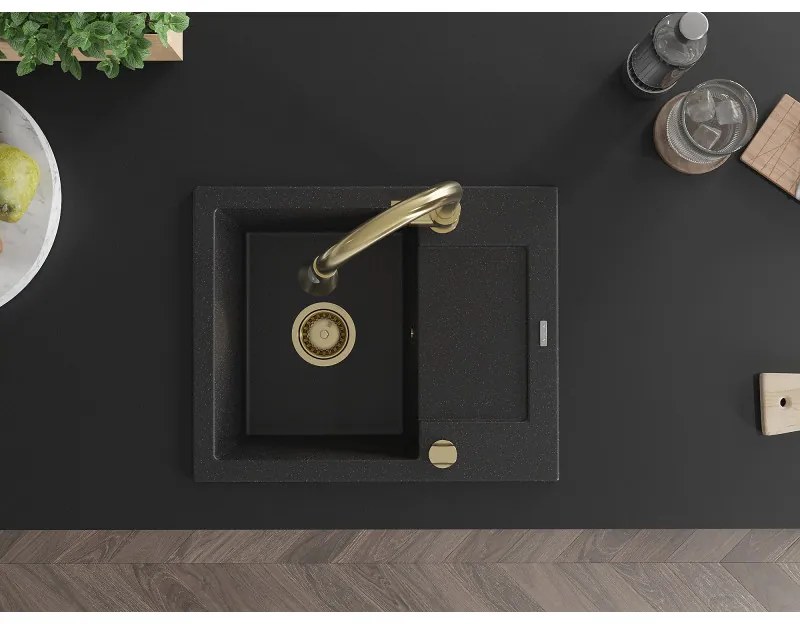 Mexen Enzo, 1-komorový granitový drez 576x465x174 mm a drezová batéria Elia, čierna-strieborná metalíza, 6506-73-670101-50