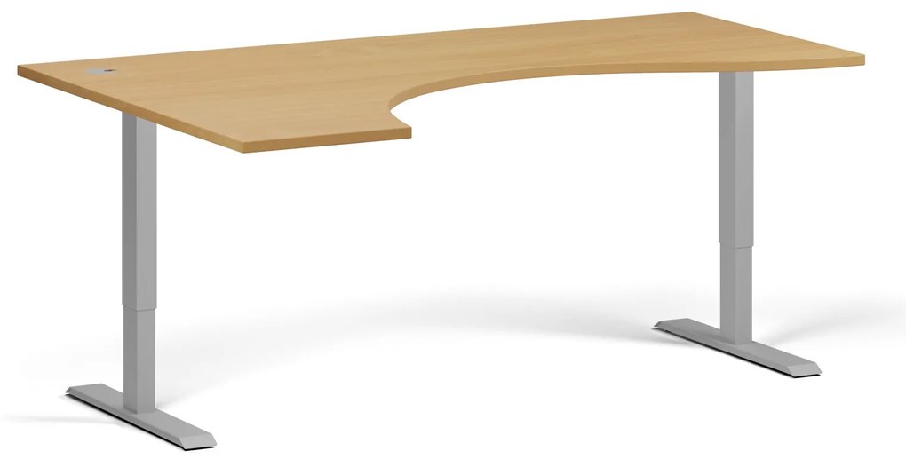 Ergonomický výškovo nastaviteľný stôl, 180x120 cm, 2 motory, L/P, sivá podnož, buk