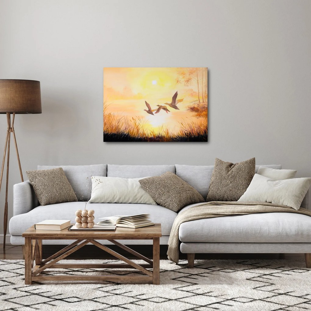 Obraz - Žeriavy pri západe slnka (70x50 cm)